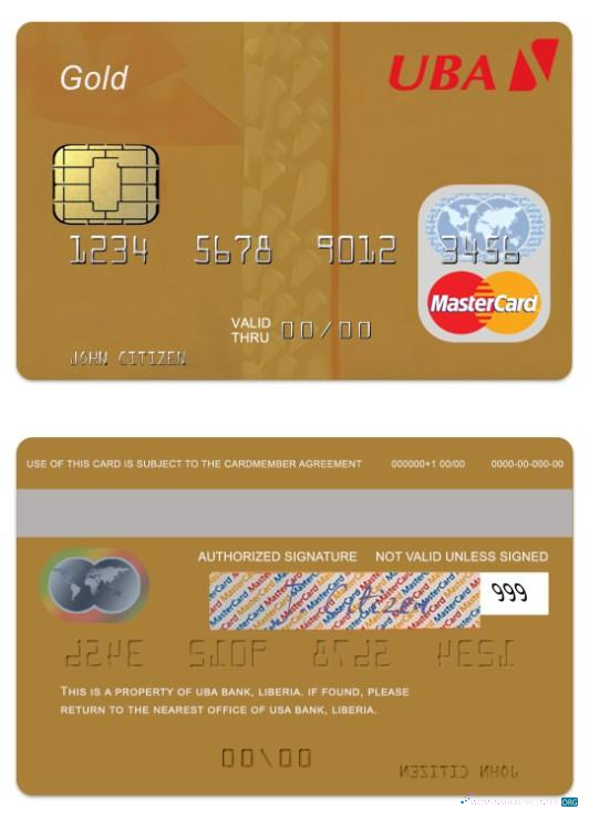 Download Liberia UBA Bank gold debit mastercard Photoshop template
